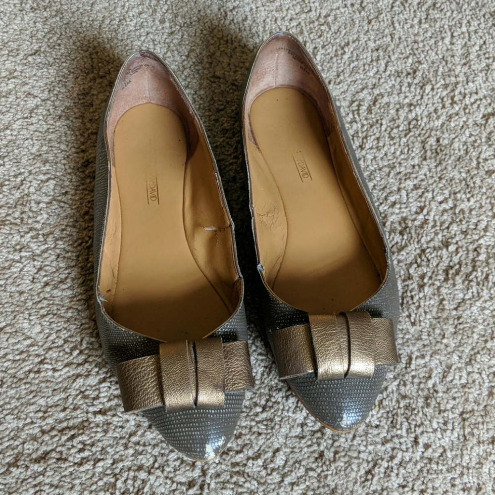 Bronze/grey leather flats with front bow detail